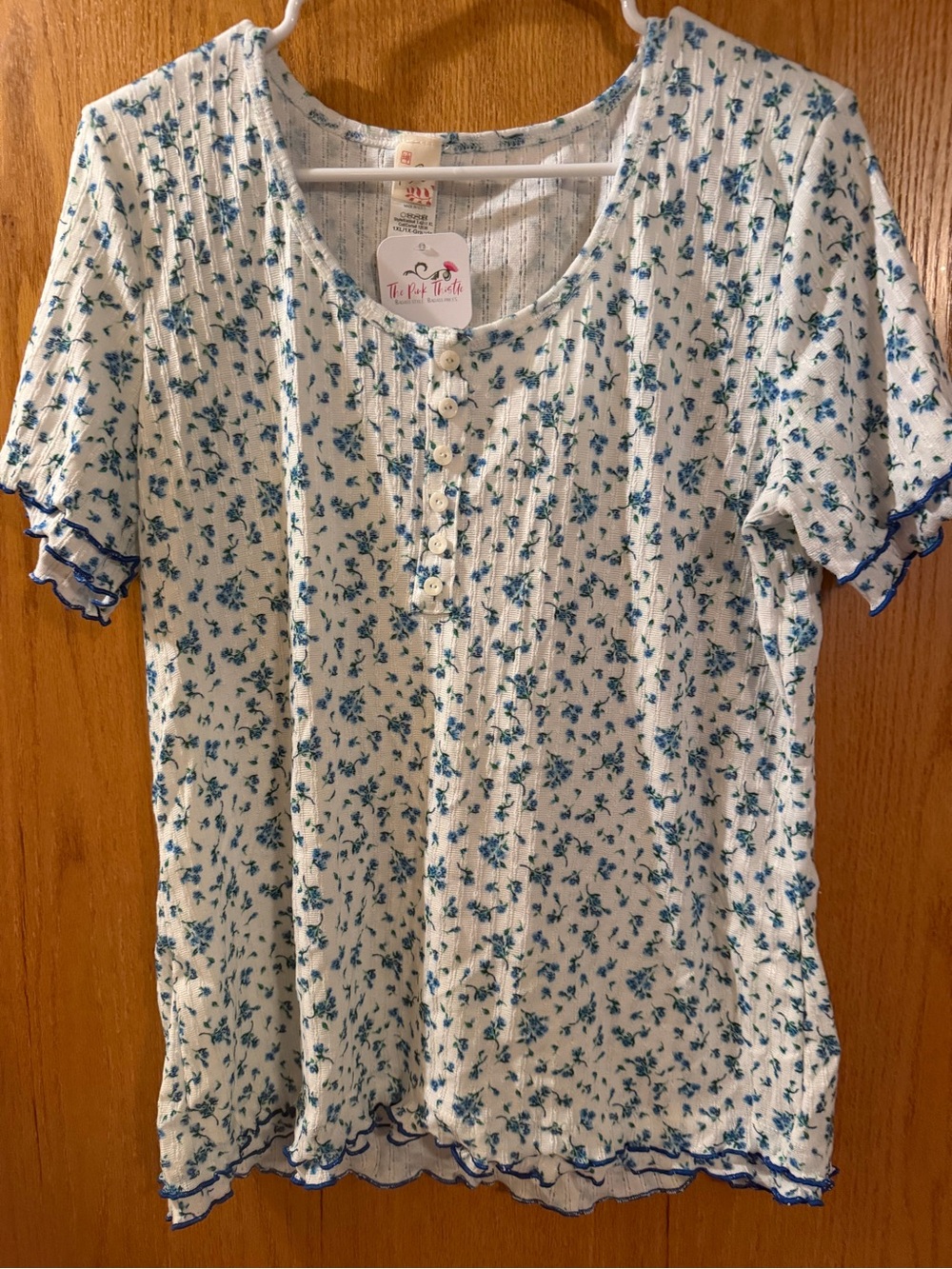 7th Ray White Ribbed Henley with Red Floral Accent